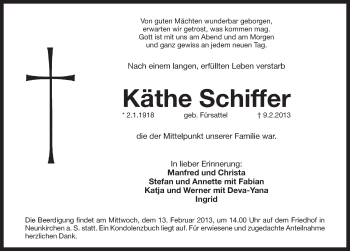 Traueranzeige von Käthe Schiffer von Pegnitz-Zeitung